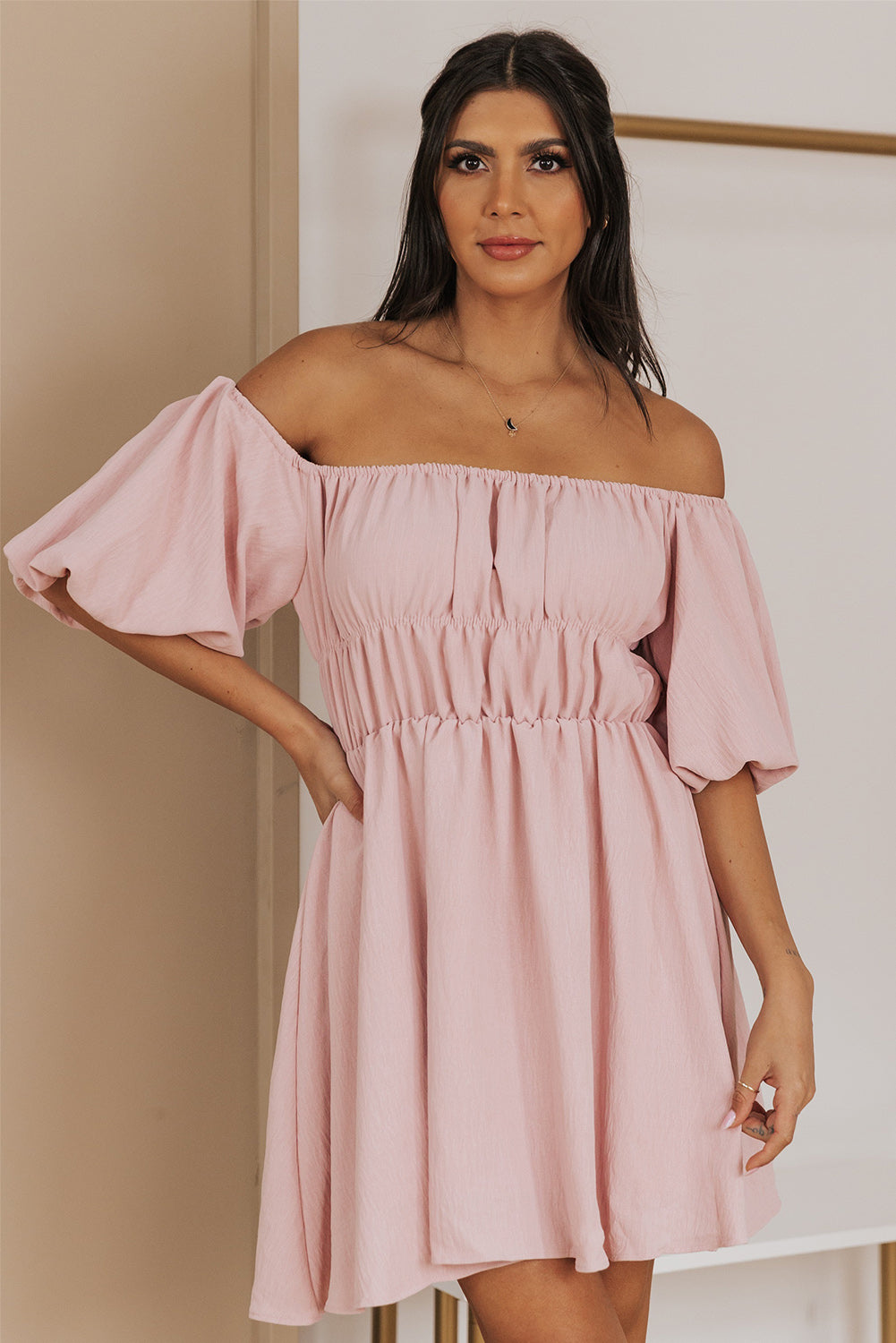 Off-Shoulder Balloon Sleeve Mini Dress