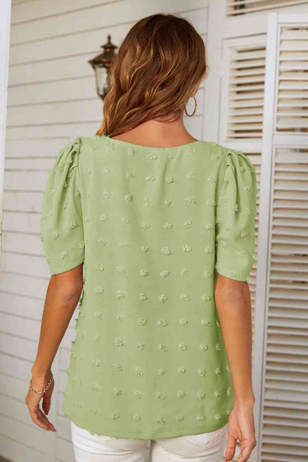 Swiss Dot V-Neck Puff Sleeve Blouse