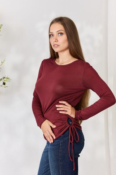 Culture Code Full Size Drawstring Round Neck Long Sleeve Top