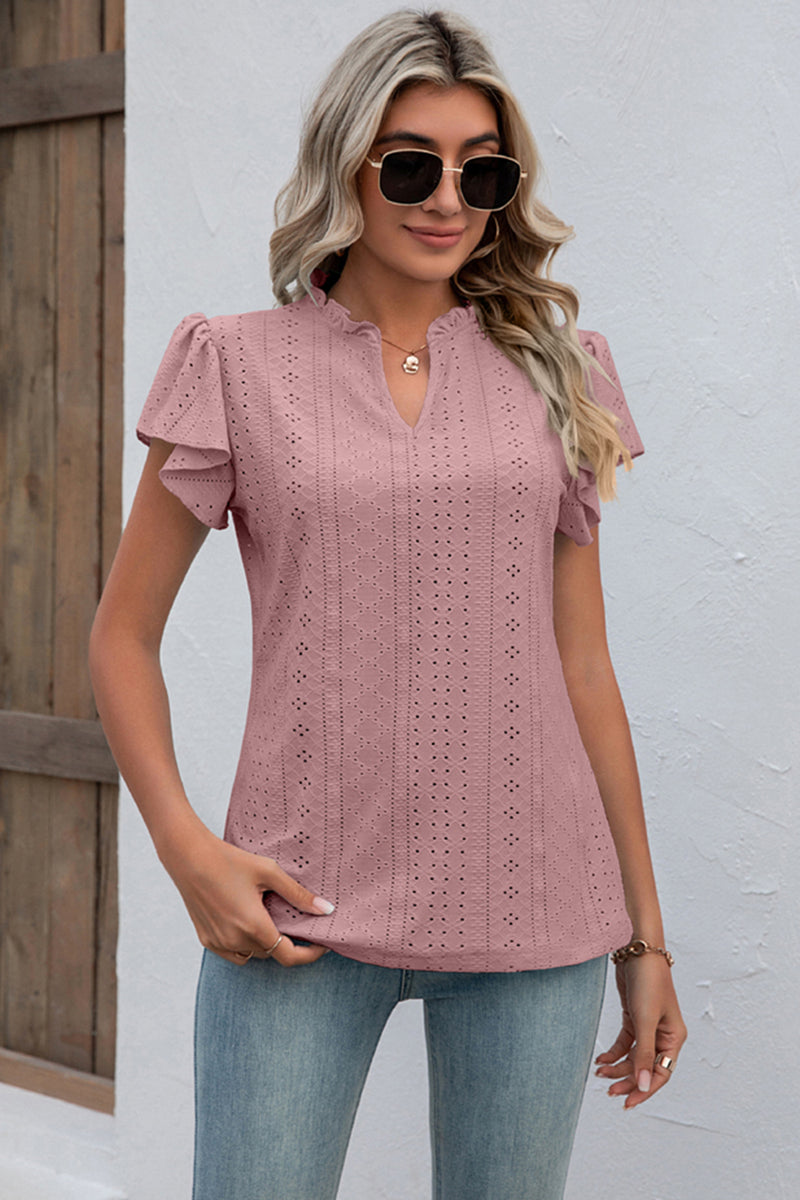 Eyelet Notched Flutter Sleeve T-Shirt