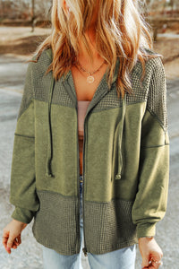 Zip-Up Drawstring Color Block Hooded Jacket