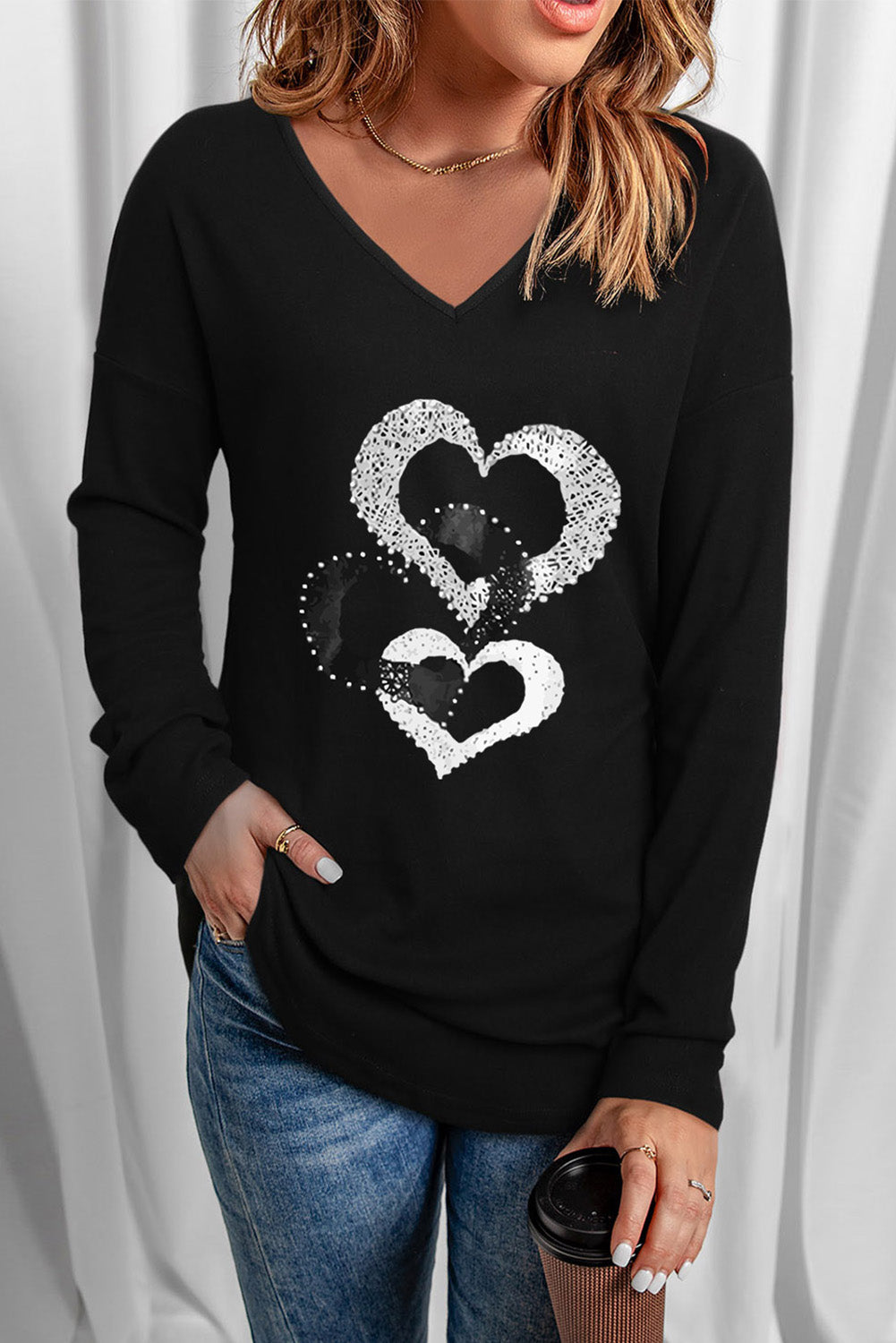 Heart Contrast V-Neck Long Sleeve Tee