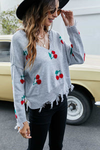 Cherry Pattern Frayed Trim V-Neck Sweater