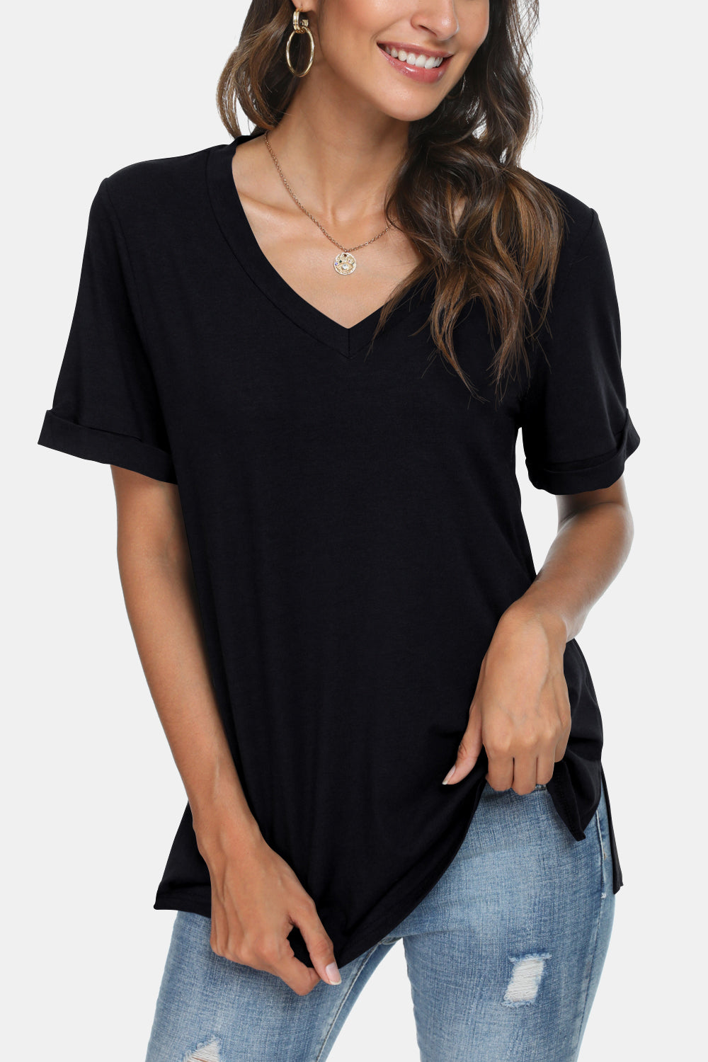 V-Neck Short Sleeve Slit T-Shirt – Blue Hawthorn Boutique
