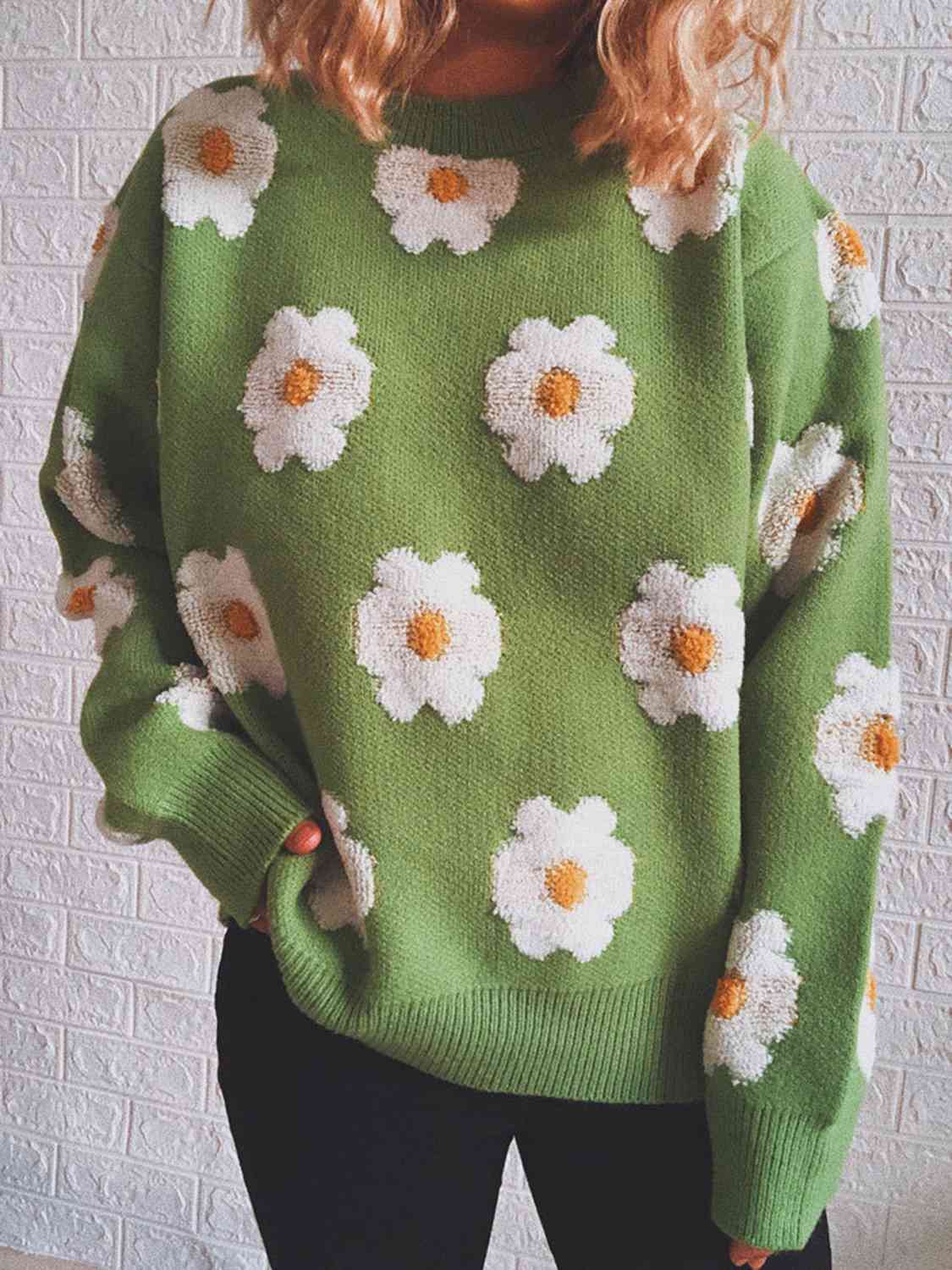 Flower Round Neck Long Sleeve Sweater