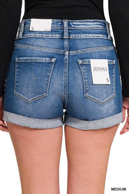 ZENANA DOUBLE BUTTON DENIM SHORTS