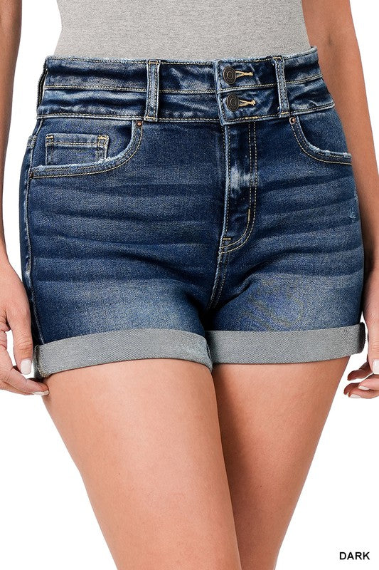 ZENANA DOUBLE BUTTON DENIM SHORTS