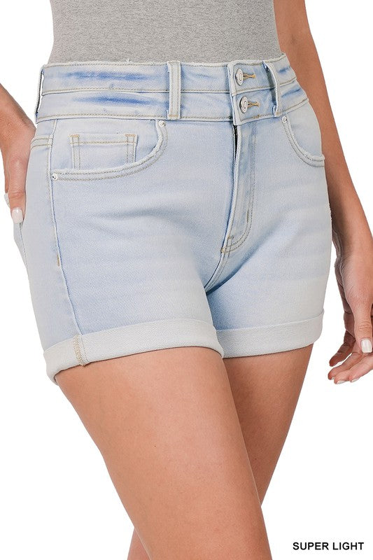 ZENANA DOUBLE BUTTON DENIM SHORTS