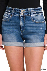 ZENANA DOUBLE BUTTON DENIM SHORTS