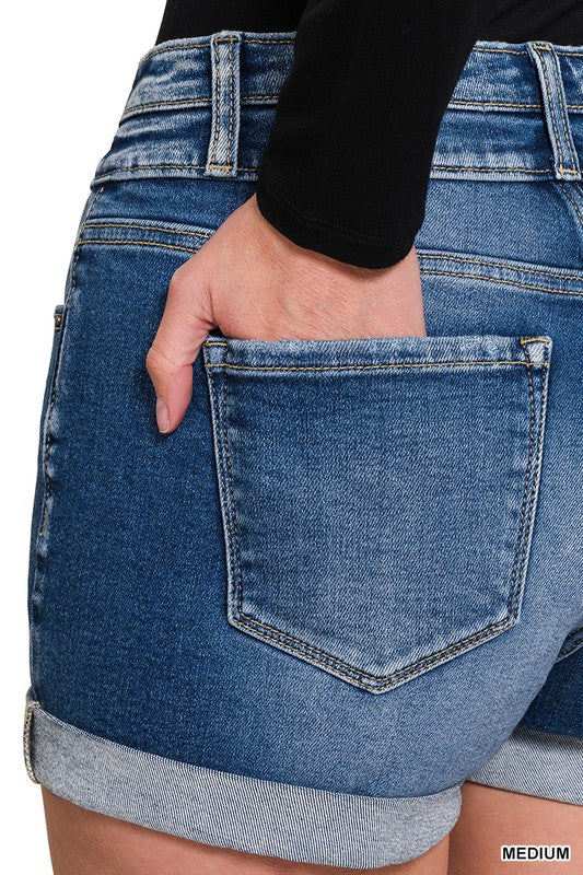 ZENANA DOUBLE BUTTON DENIM SHORTS