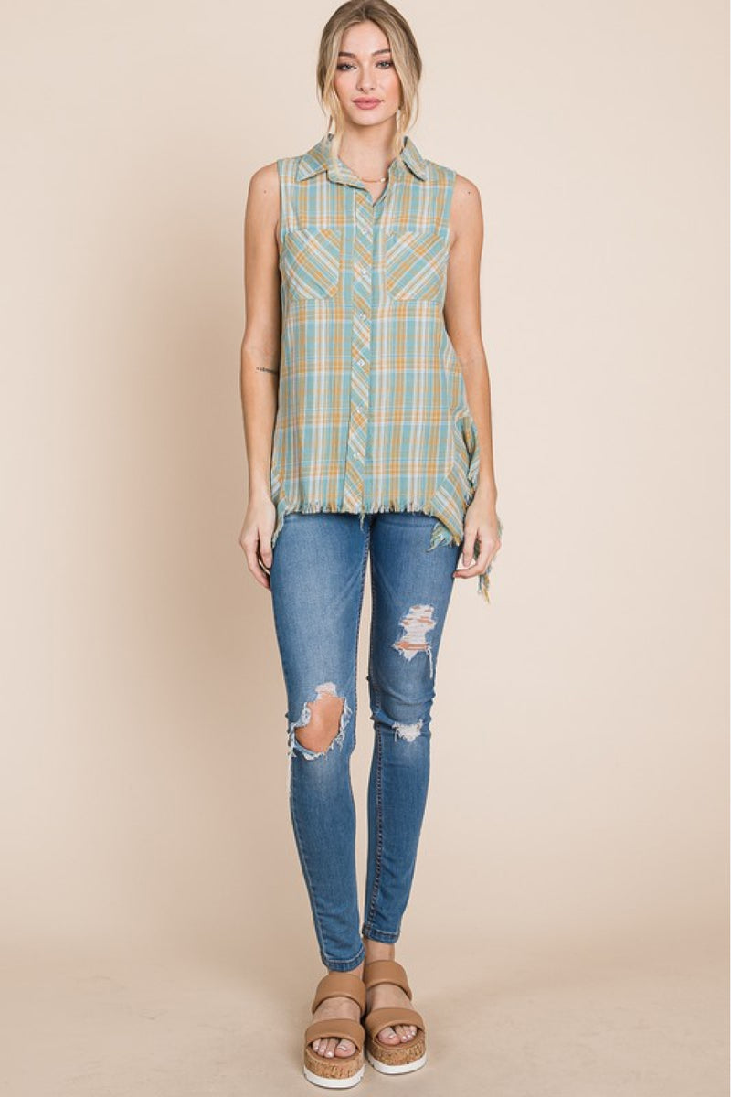 HEYSON Days Gone By Full Size Sleeveless Frayed Plaid Button-Up Shirt