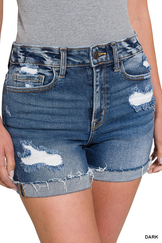 ZENANA CUFFED RAW HEM DENIM SHORTS