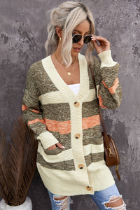 Striped Button Down Longline Cardigan with Pockets