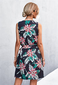 Printed Zip Detail Belted Sleeveless Dress