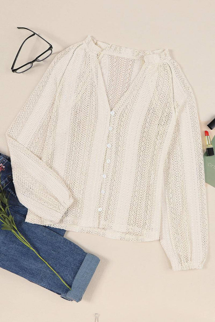 Deep V Long Sleeve Button Up Lace Top
