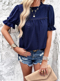 Eyelet Mock Neck Flounce Sleeve Blouse