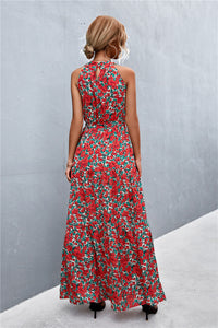 Printed Sleeveless Tie Waist Maxi Dress