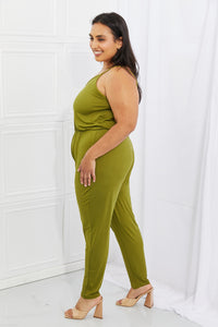 Capella Comfy Casual Full Size Solid Elastic Waistband Jumpsuit in Chartreuse