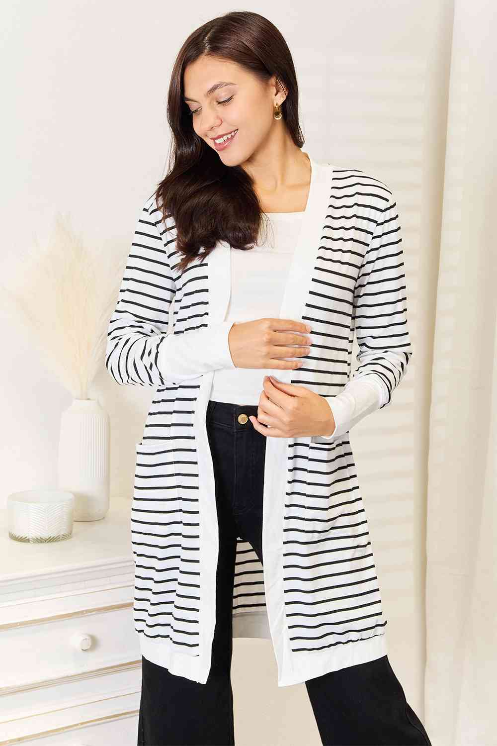 Double Take Striped Open Front Longline Cardigan