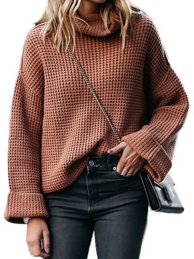 Waffle-Knit Turtleneck Round Neck Sweater