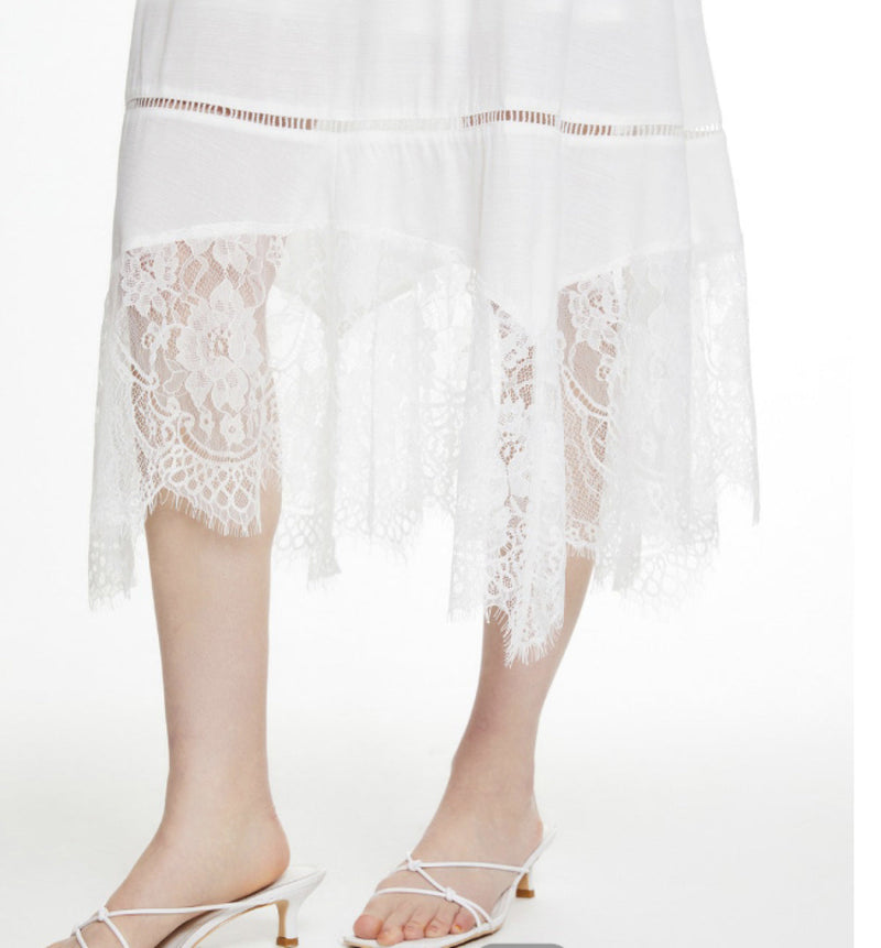 White Lace Asymmetrical Hem Maxi Skirt