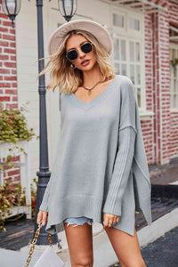 V-Neck Slit Exposed Seam Sweater