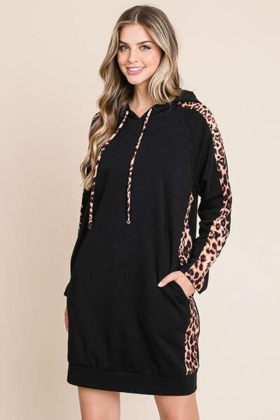 Culture Code Drawstring Leopard Long Sleeve Hooded Dress