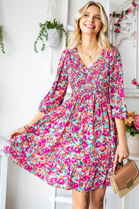 Floral Smocked V-Neck Flounce Sleeve Dress