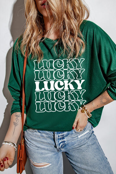 LUCKY Round Neck Dropped Shoulder Sweatshirt