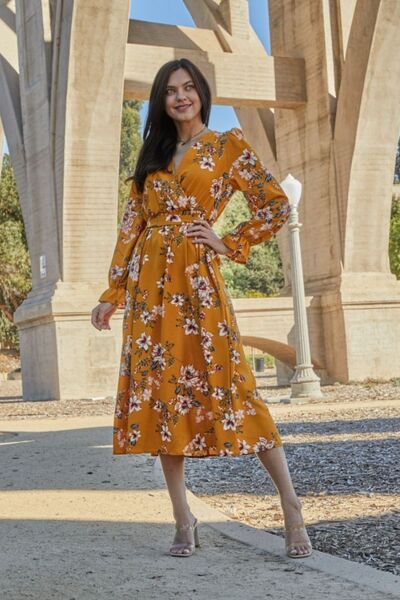 Double Take Full Size Floral Tie Back Flounce Sleeve Dress