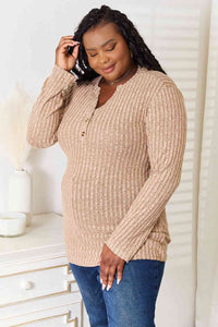 Double Take Notched Neck Ribbed Long Sleeve T-Shirt
