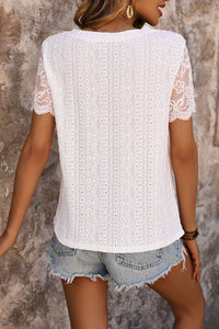 Eyelet Round Neck Short Sleeve T-Shirt