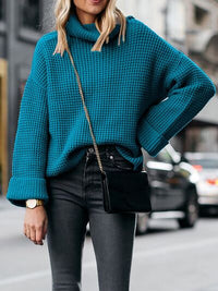 Waffle-Knit Turtleneck Round Neck Sweater