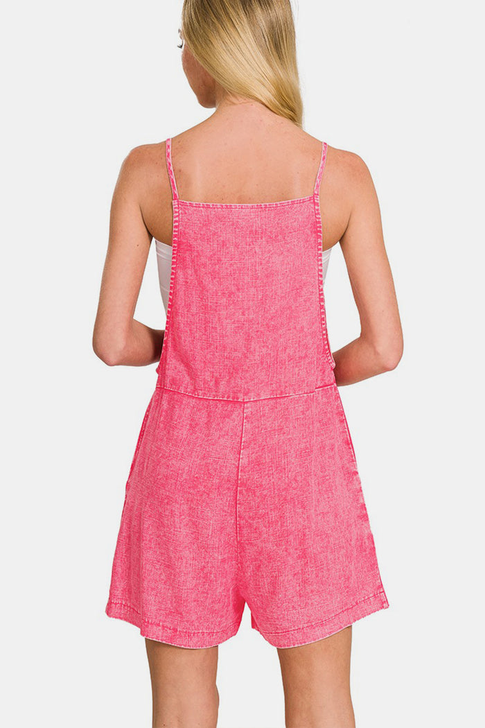 Zenana Washed Linen Knot Strap Rompers