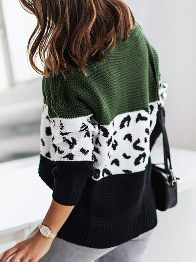 Leopard Turtleneck Dropped Shoulder Sweater