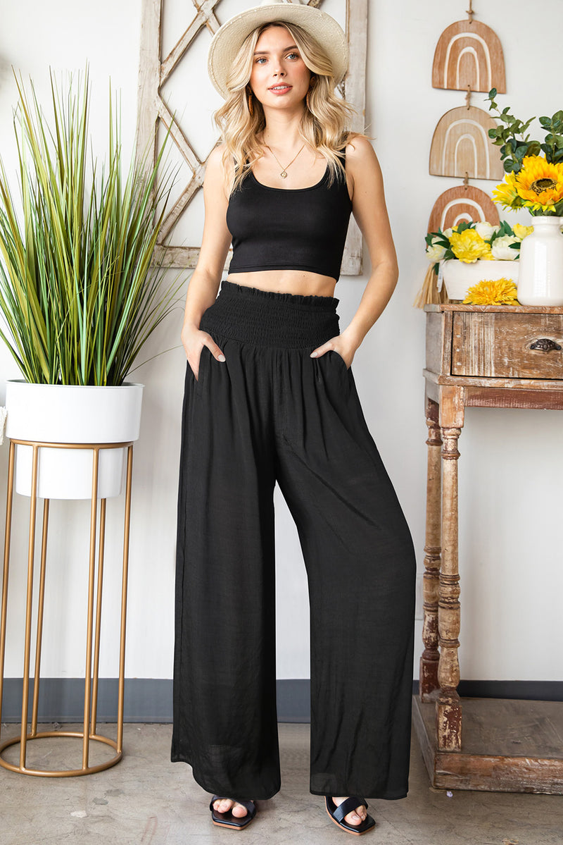Smocked Waist Wide Leg Pants with Pockets