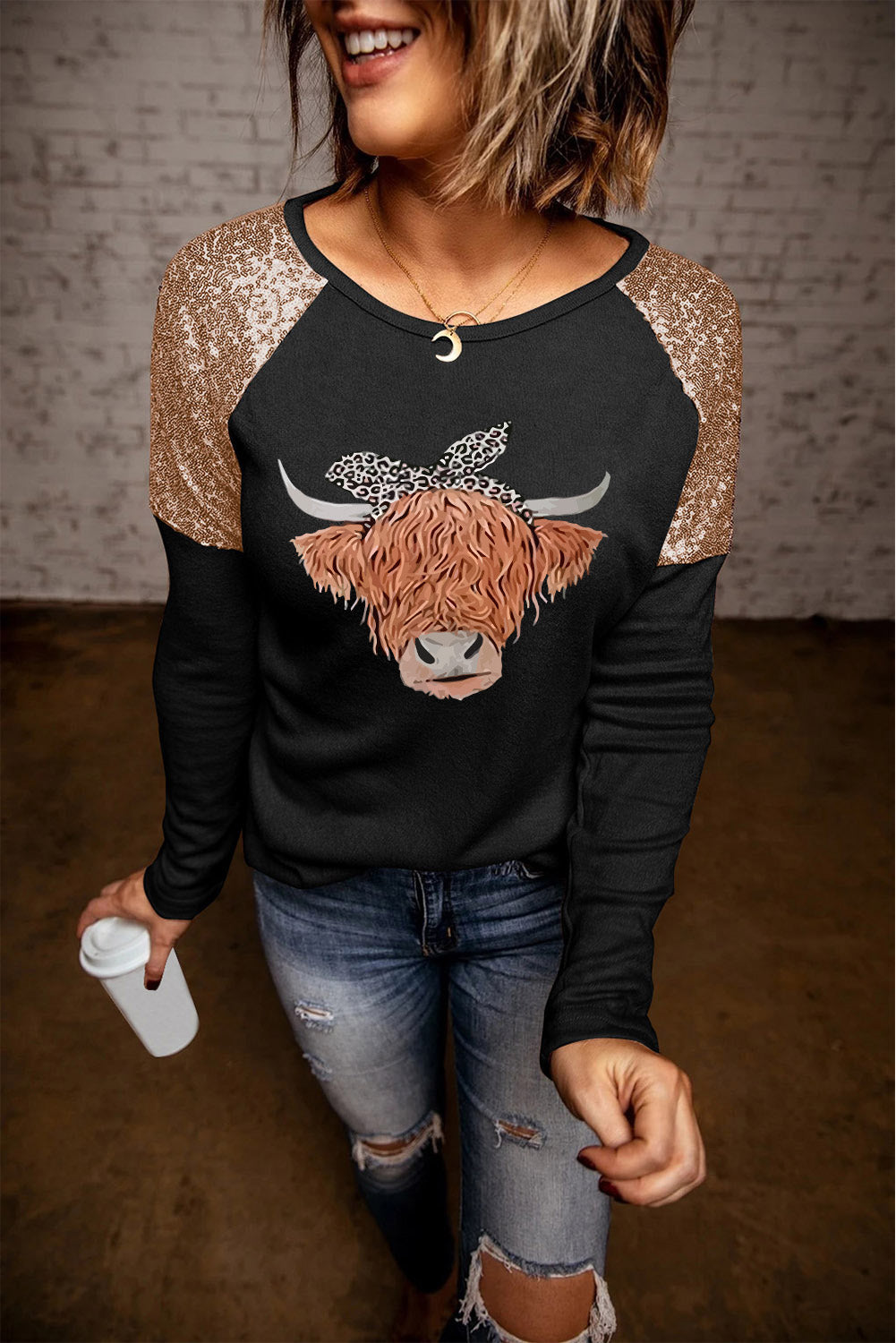 Contrast Sequin Animal Graphic Round Neck Top