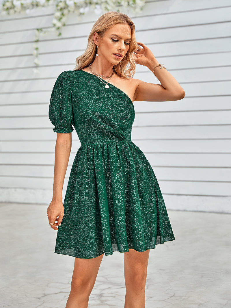 One-Shoulder Puff Sleeve A-Line Dress