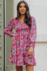 Floral Smocked V-Neck Flounce Sleeve Dress