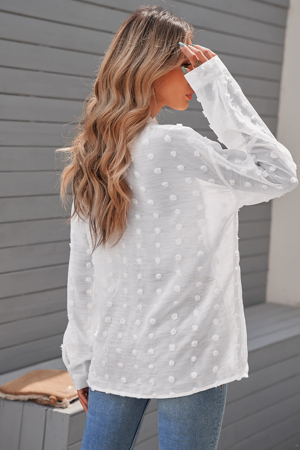 Swiss Dot Button Up Long Sleeve Shirt