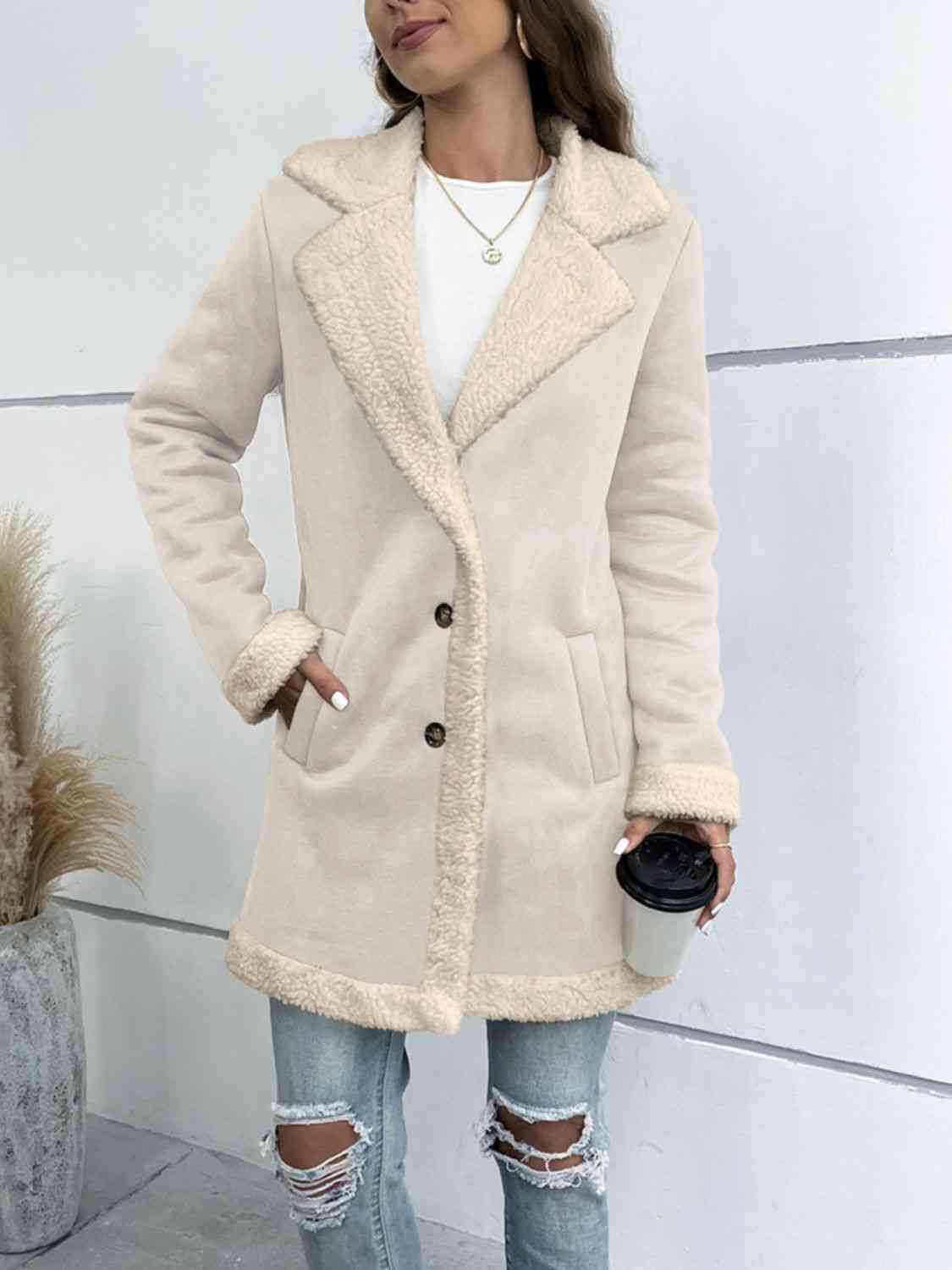 Double Take Lapel Collar Teddy Lining Longline Coat