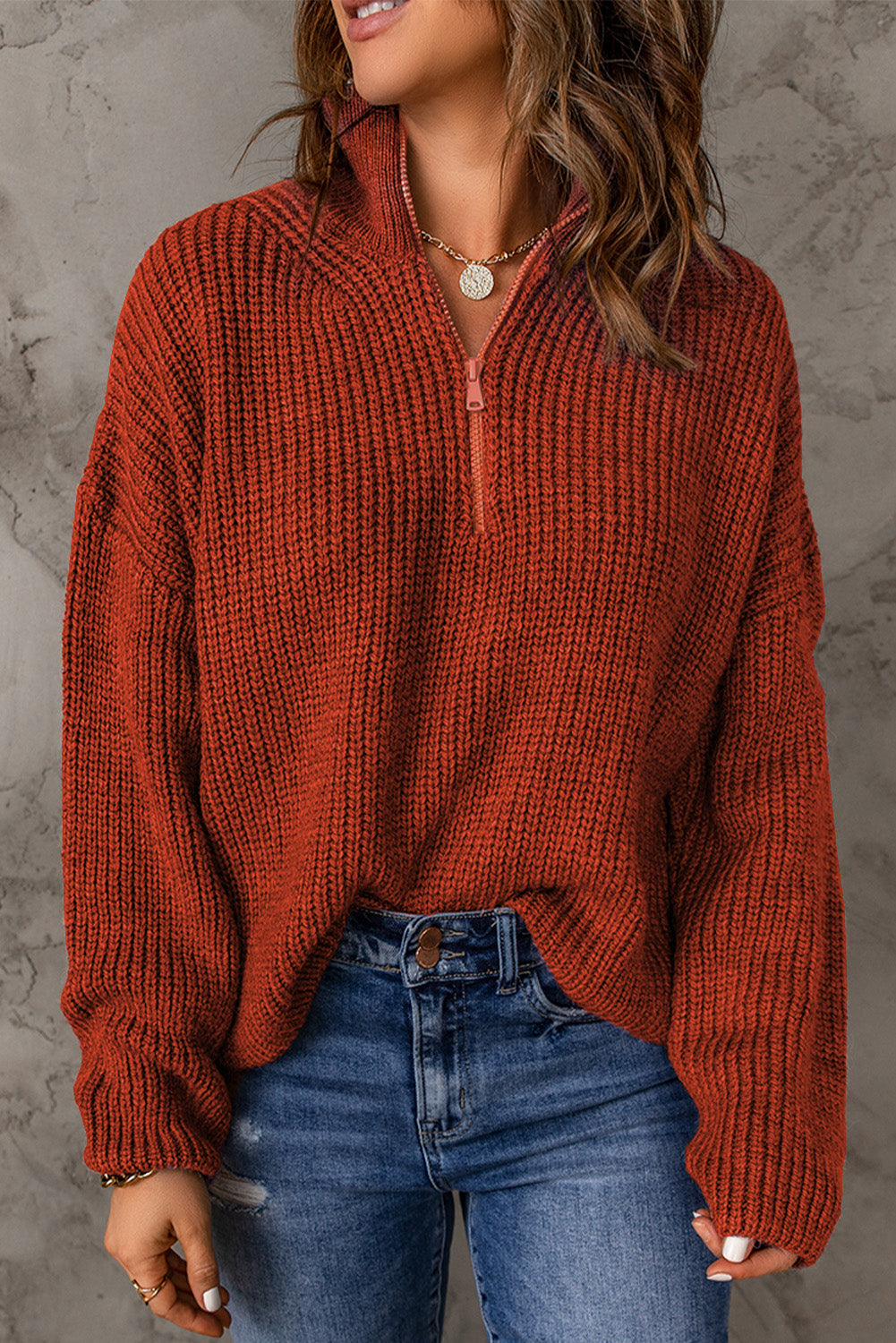 Half Zip Rib Knit Dropped Shoulder Sweater Blue Hawthorn Boutique