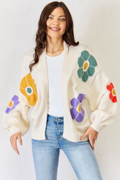 J.NNA Open Front Flower Pattern Long Sleeve Sweater Cardigan