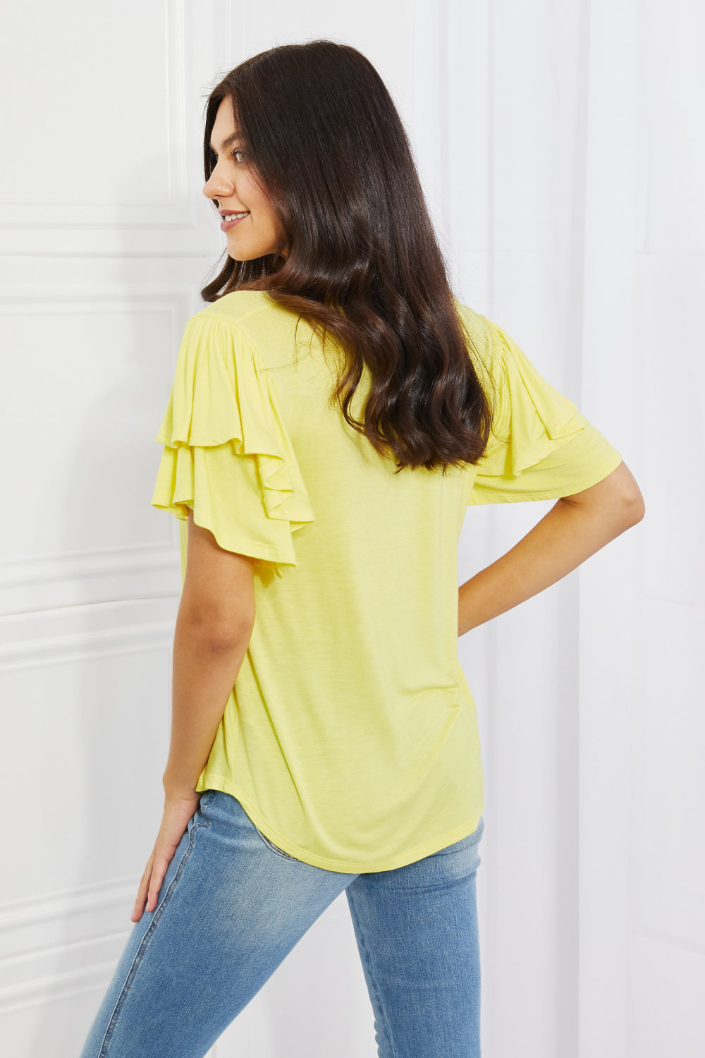 Culture Code Mi Amor Full Size Round Neck Ruffle Sleeve Top in Yellow