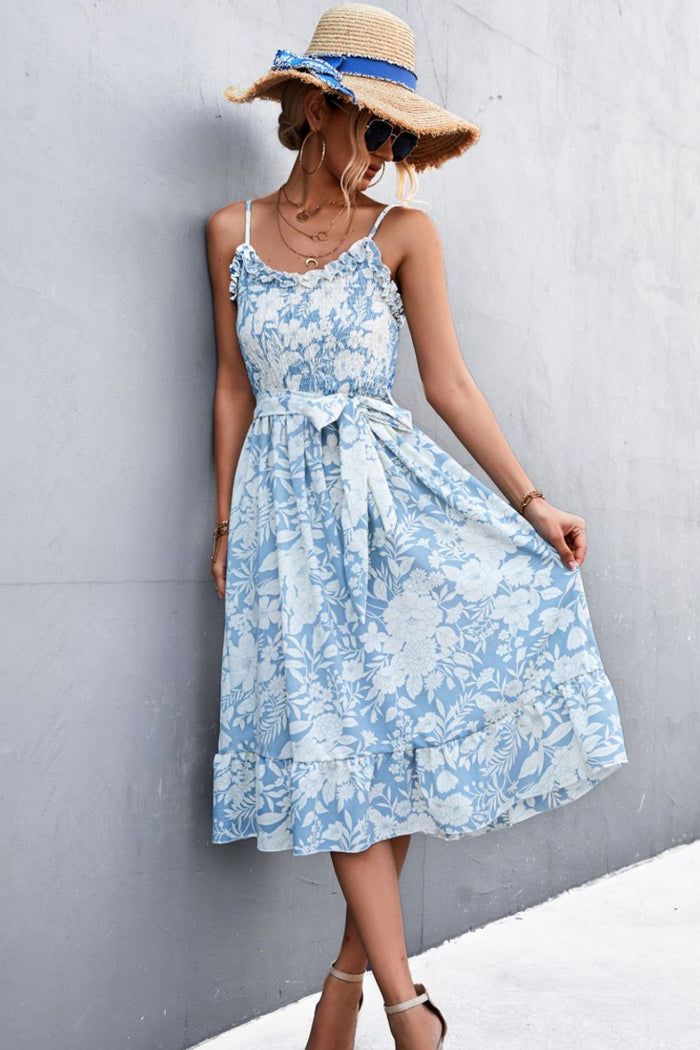 Floral Frill Trim Scoop Neck Spaghetti Strap Dress