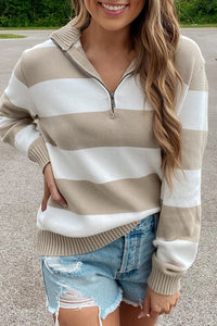 Striped Quarter-Zip Collared Sweater