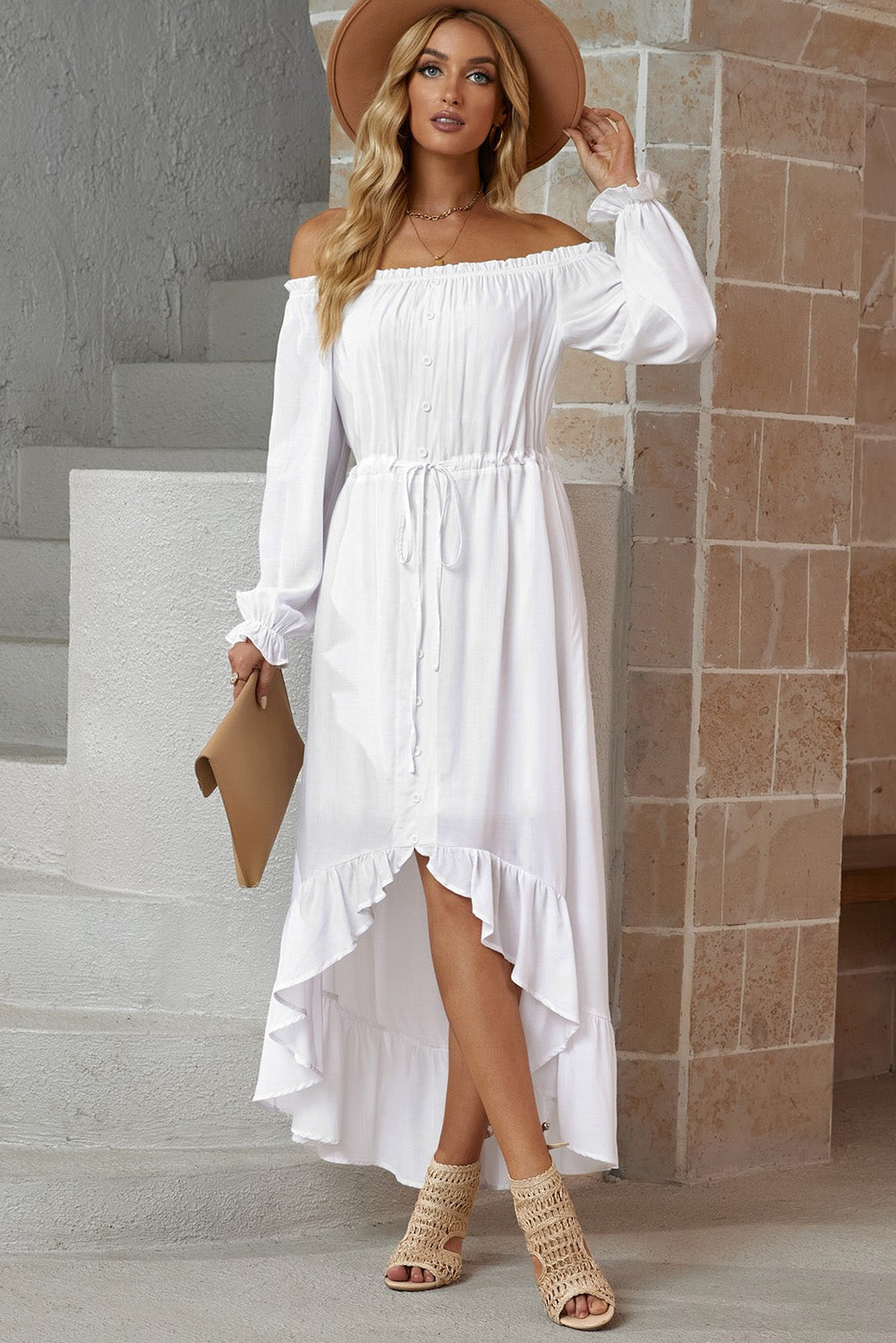 White off shoulder store high low dress