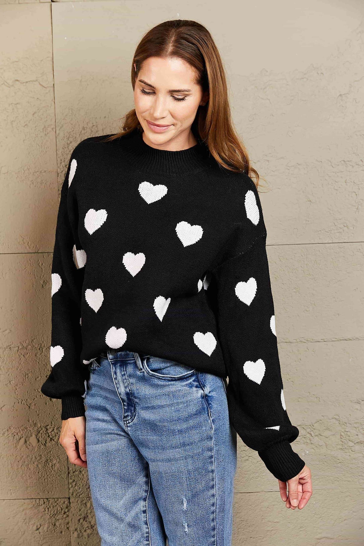 Woven Right Heart Pattern Lantern Sleeve Round Neck Tunic Sweater