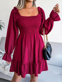 Smocked Flounce Sleeve Square Neck Dress