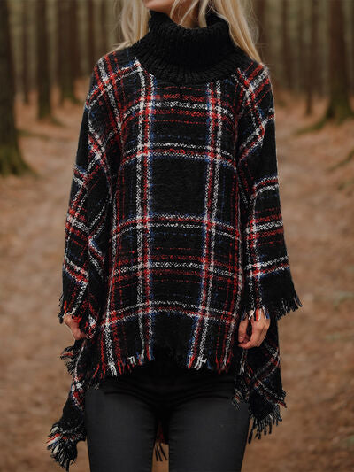 Turtleneck Plaid Raw Hem Sweater